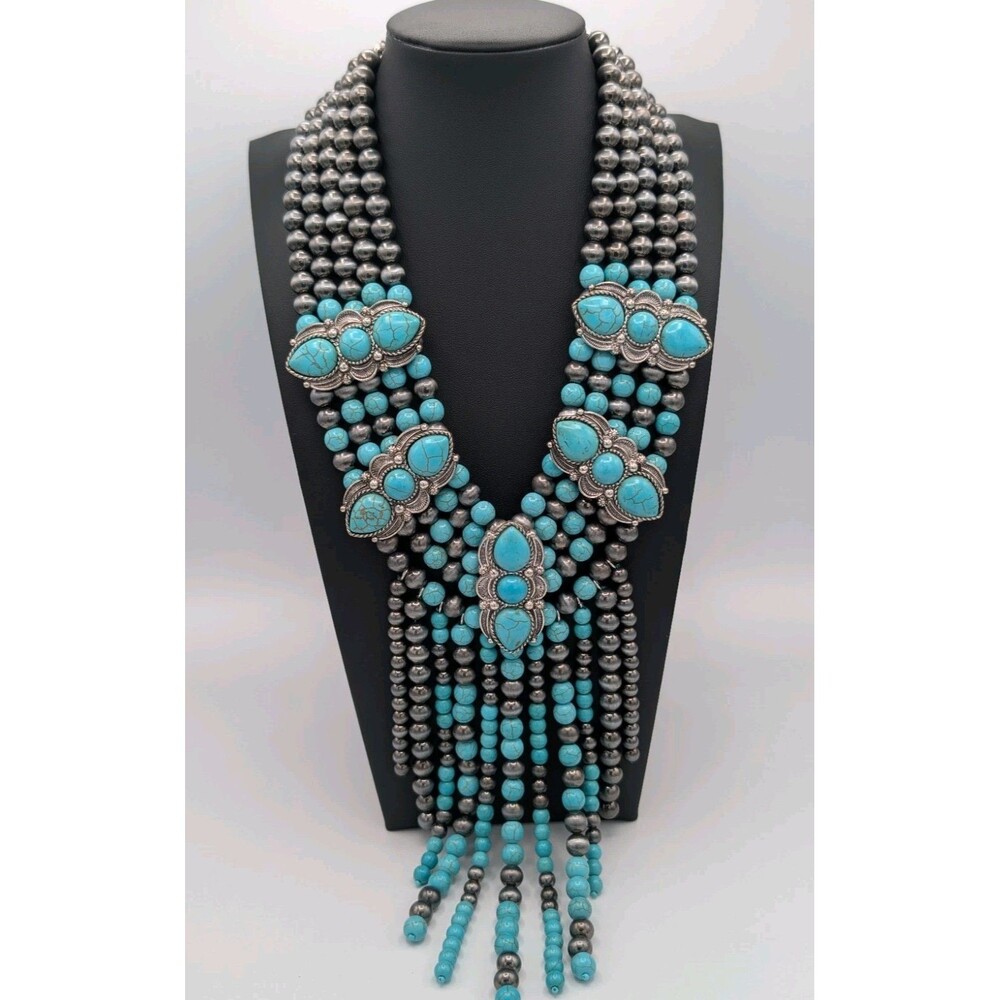 Desert Pearl Silver Turquoise Western Squash Blossom Concho Statement Necklace